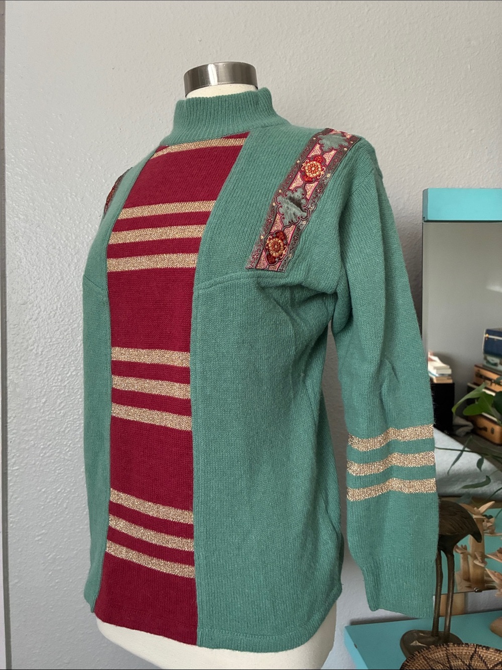 Vintage Bogner Wool & Angora Green Red Gold Striped Mock Neck Sweater Medium